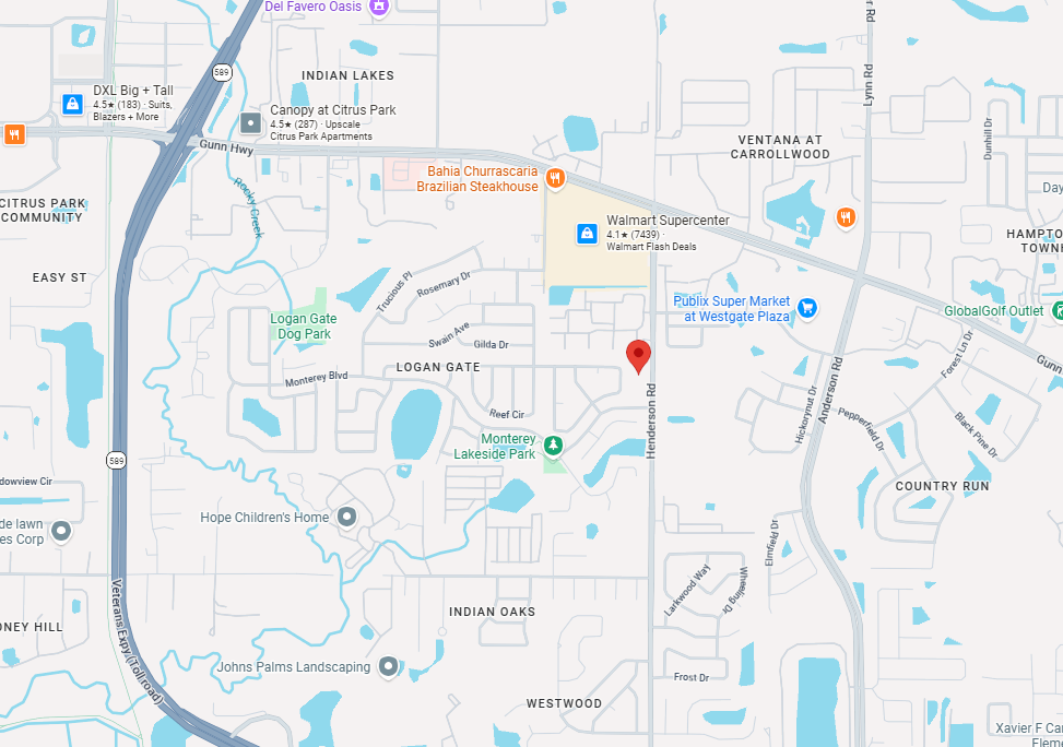 Area map showing 12606 Henderson Rd Tampa FL and its direct access to Veterans Expressway SR 589 and Gunn Highway in Hillsborough County
