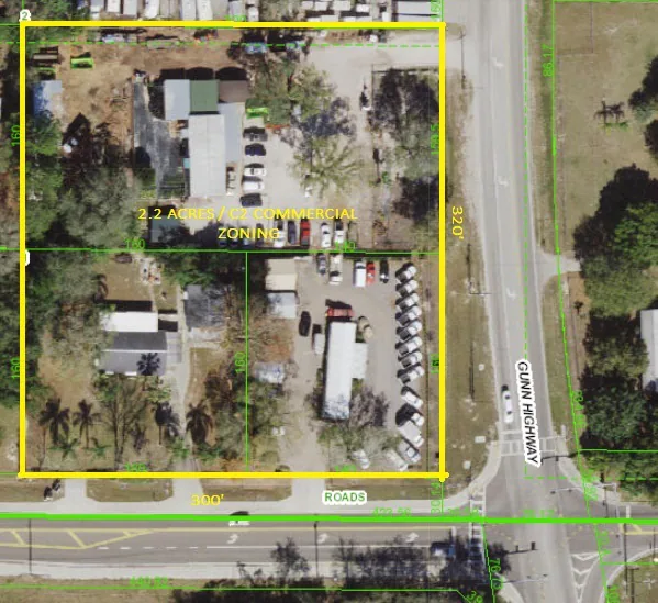 An aerial view outlining the commercial lots on Gunn Highway, showcasing the 1.1 AC C2 zoned property available for development in the Odessa Town Center.
