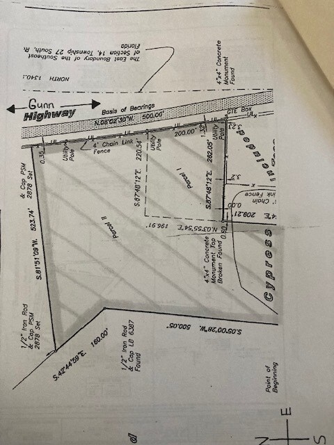 Survey Detail of Corner Lot A close-up of the survey showing the property lines and intersection at the corner of Gunn Highway and Wayne Rd.