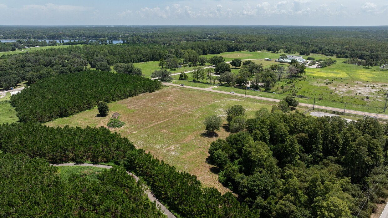 Odessa Land with Lush Greenery Aerial view showcasing the subject property bordered by dense woods and lush Florida greenery.