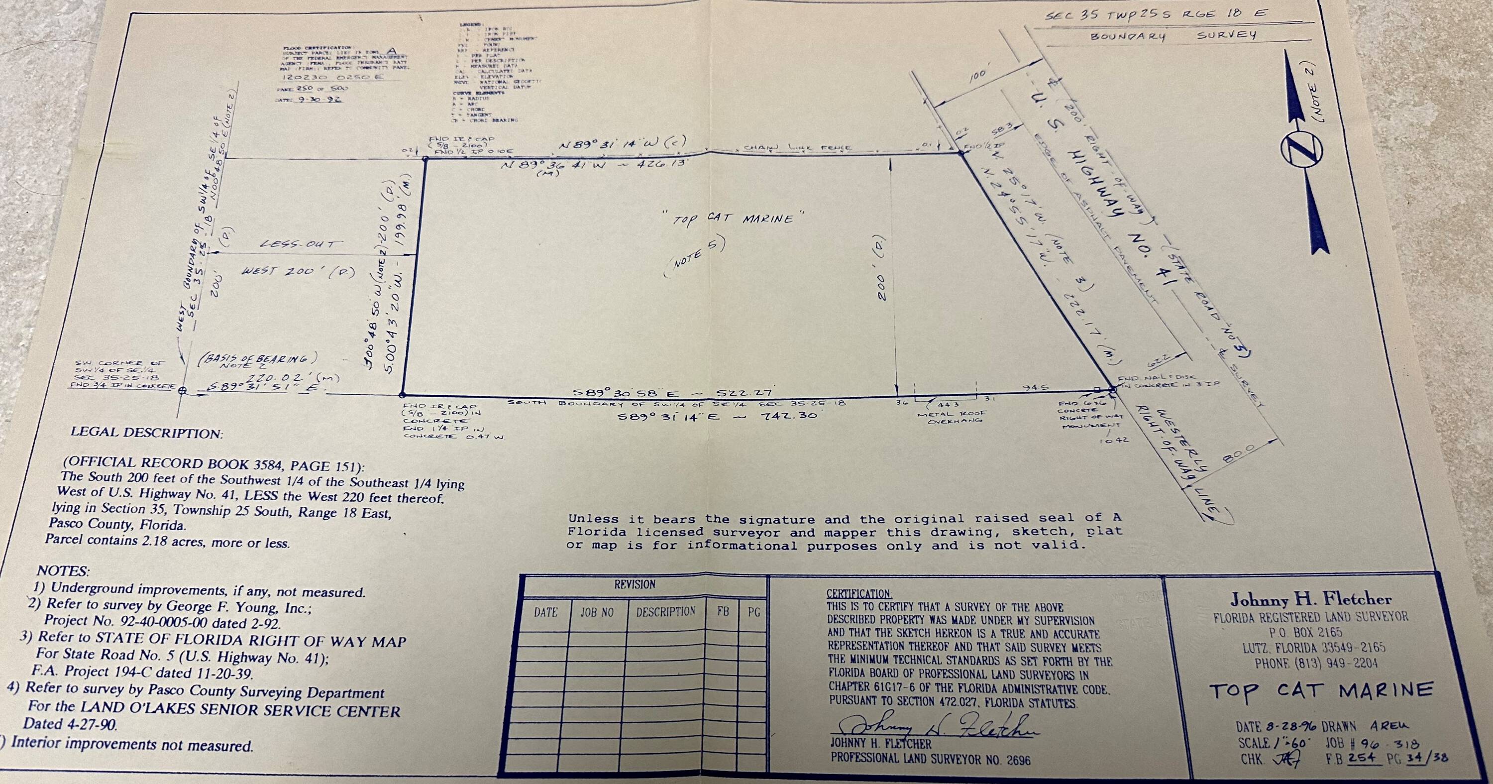 The official property survey for the 2.18-acre commercial land on US Highway 41 in Land O' Lakes, showing legal descriptions and boundaries.
