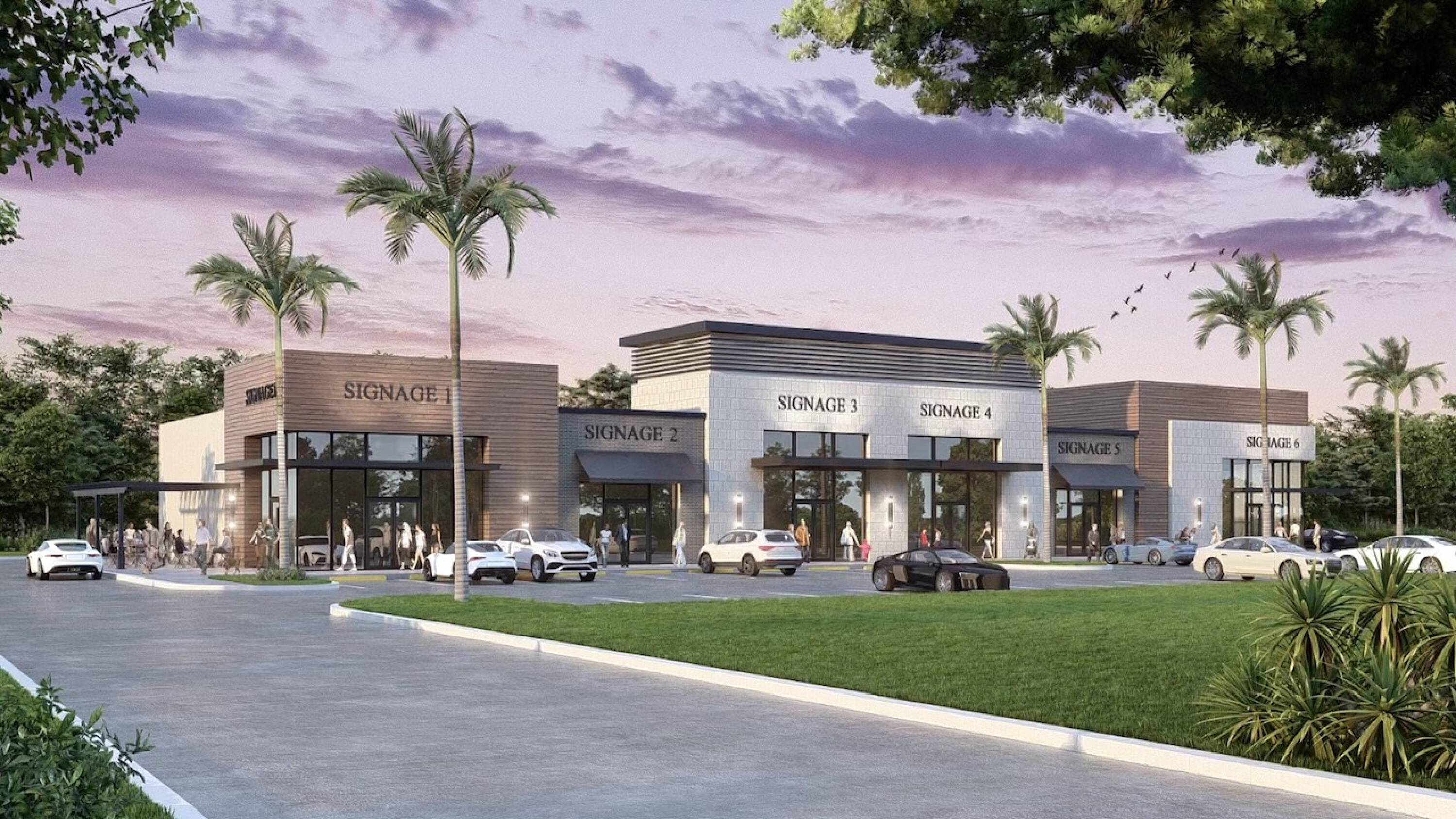 Architectural rendering of the proposed 12,500 sqft multi-tenant retail center on State Road 54, featuring modern design and ample parking.