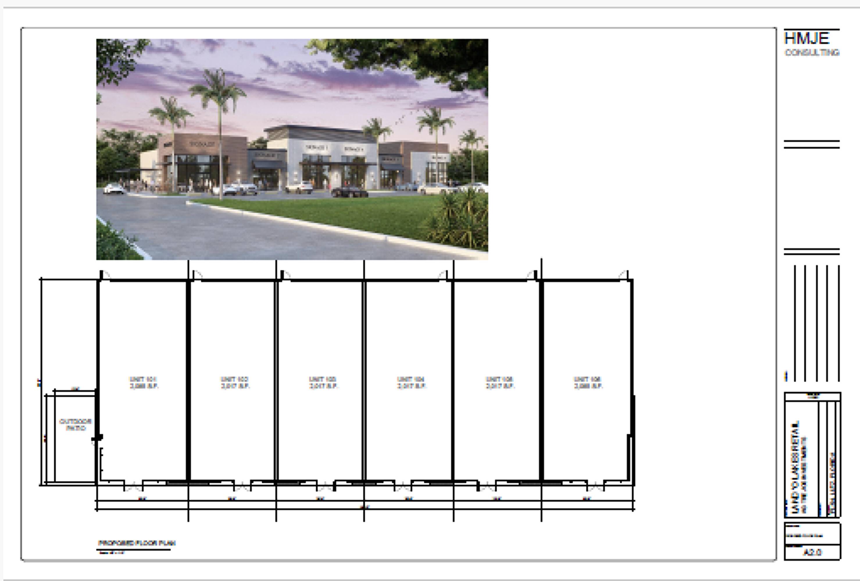 Proposed floor plan for the 12,500 sqft retail building, showing six divisible units ranging from 2,000 to 2,517 sqft.